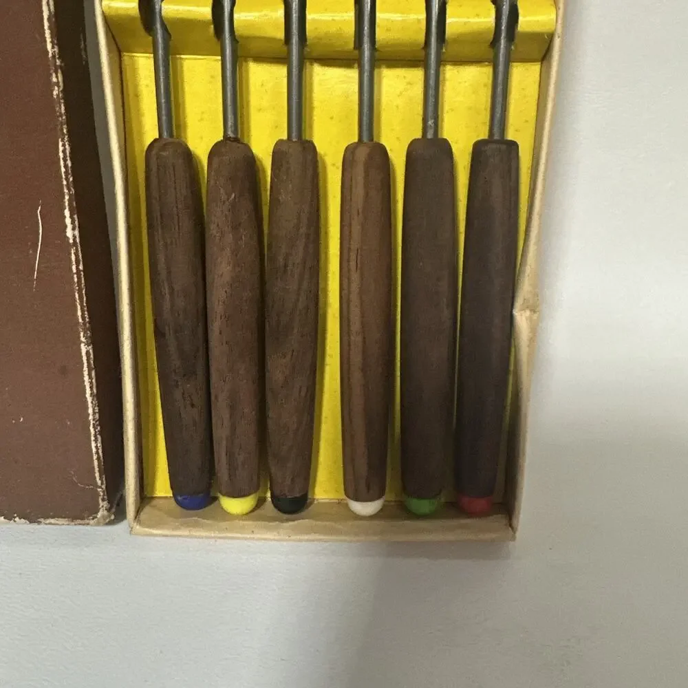 Vintage Fondue Forks Set of 6 Stainless Steel Wood Handles Color Coded In Box